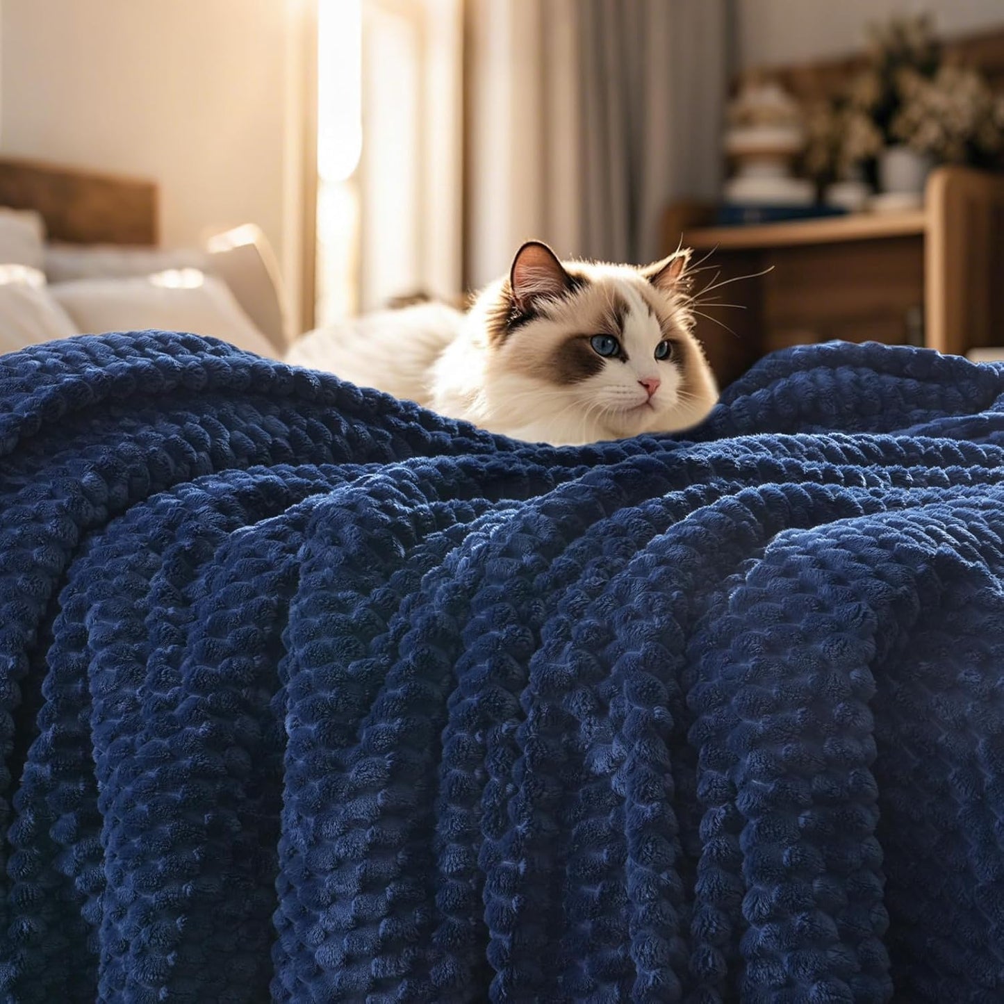 PHF Ultra Soft Flannel Fleece Blanket Queen Size, Lightweight 3D Jacquard Fleece Blanket, No Shedding, No Pilling, Luxury 340GSM Aesthetic Fluffy Cozy for Bed Room Decor, 90"x90", Camel/Light Khaki