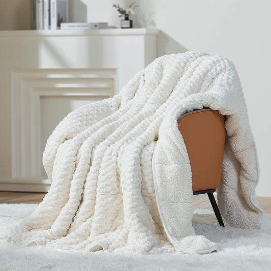 Mr. Sandman Weighted Blankets for Adults Queen Size 15lbs, Warm Sherpa Fleece Throw Blanket for Sleep and Calm, Soft Cozy Heavy Bed Blanket with Jacquard Flannel, 60 x 80 Inches, Cream White