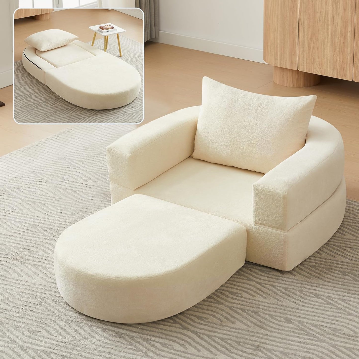71" Convertible Sleeper Sofa Bed Upholstered Boneless Couch Floor Folding Sofa Bed Oversized Round Reading Chair, Living Room,Bedroom Apartment (Beige, 71")