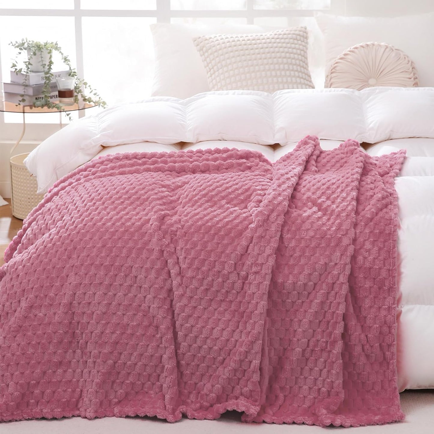 Puncuntex Hot Pink Throw Blanket 50"×60" inches Gifts for Mom Fuzzy 3D Jacquard Decorative Flannel Fleece Super Soft Plush Cozy Blanket for Couch Sofa Chair Lightweight