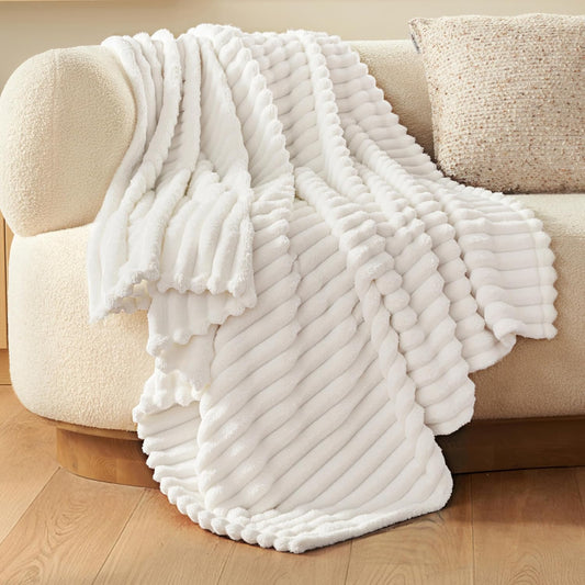 Joiedomi White Throw Blanket for Couch, Soft Fleece Blankets Birthday Gifts for Women Mom Girls, 3D Ribbed Jacquard Cozy Cute Soft Throw Aesthetic Gifts 50x60 Inches
