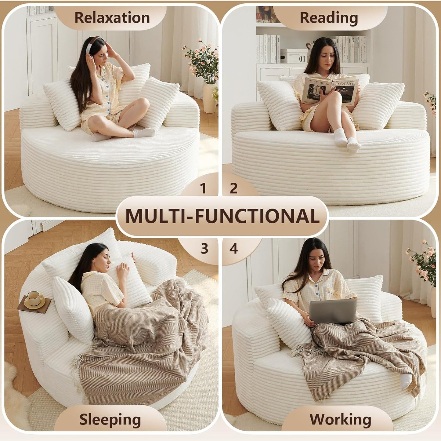 Oversized Round Chair Lounge Chaise Indoor, Upholstered Corduroy Deep Seat Cloud Large Circle Sofa Chair, No Assembly Required, Fluffy Modern Sleeper Sofa Bed for Reading, Living Room, Bedroom, White