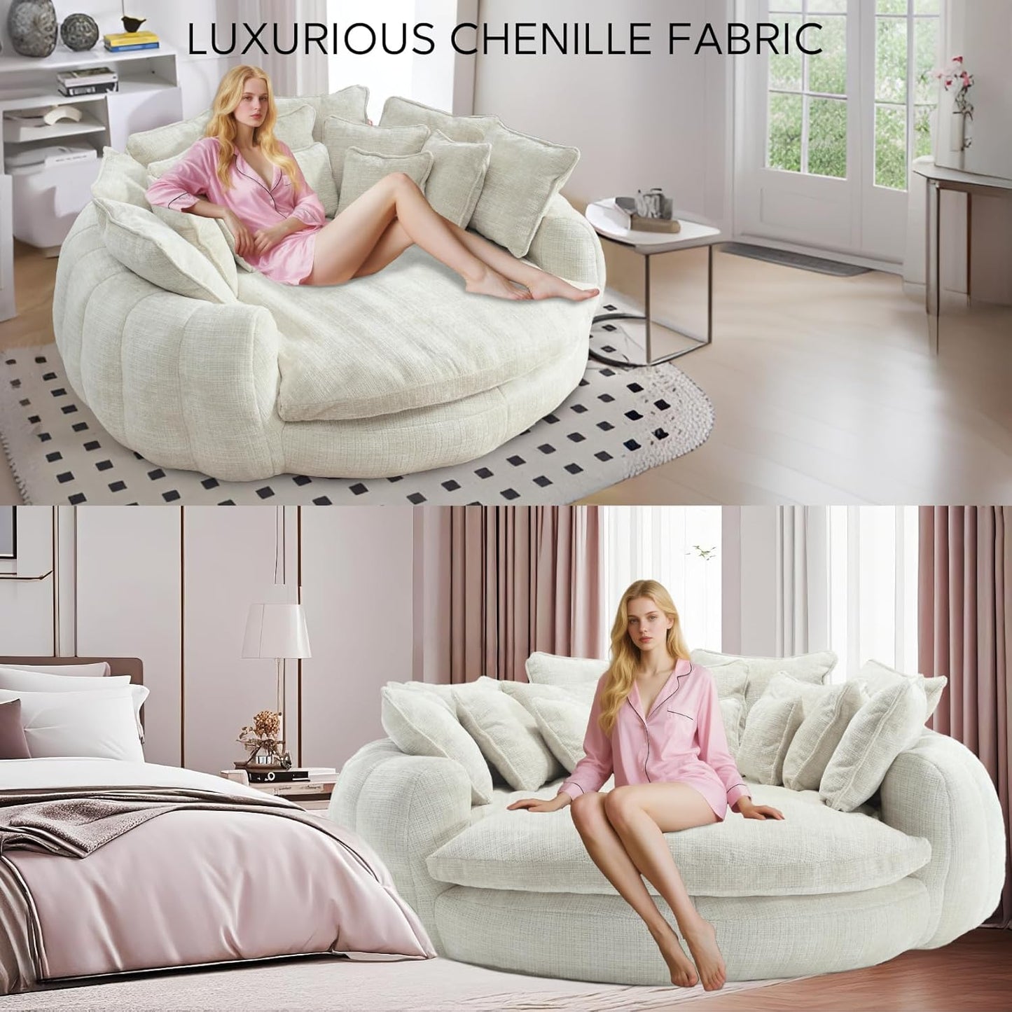 81'' Round Couches for Living Room, Comfy Boneless Couch, Circle Round Couch Bed with 14 Pillow, Oversized Chaise Lounge Chair Indoor, Floor Sleeper Sofa Bed, Full Memory Foam(Beige)