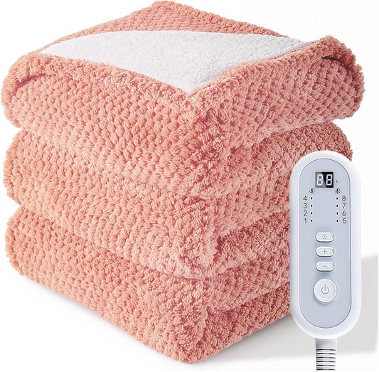 Heated Blanket Electric Throw, 50" x 60" 3D Pineapple Jacquard Blanket Soft Fluffy, Fast Heating Throw 8 Heating Levels & 8 Hours Auto Off with ETL & FCC Certification, Pink