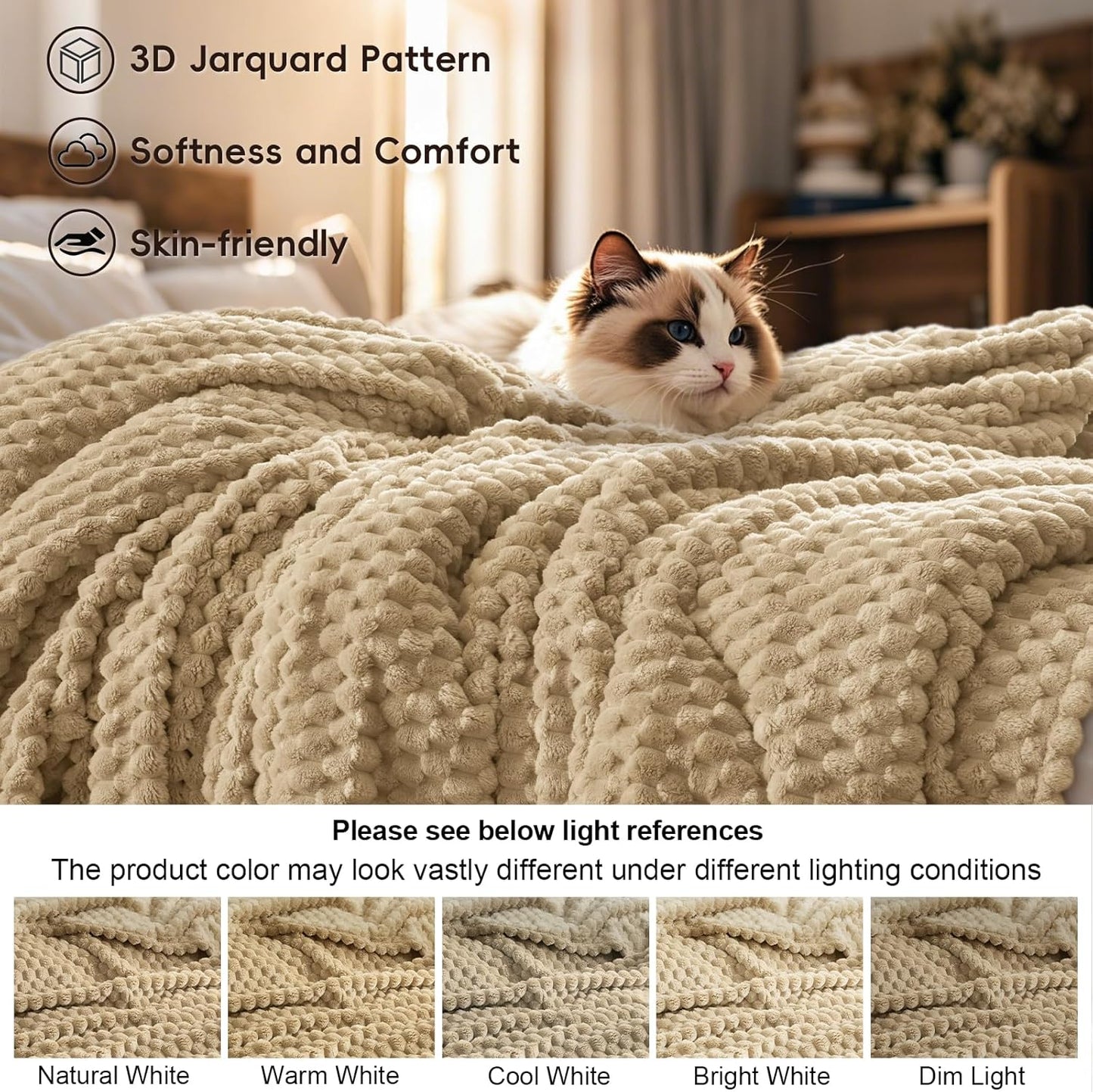 PHF Ultra Soft Flannel Fleece Blanket Queen Size, Lightweight 3D Jacquard Fleece Blanket, No Shedding, No Pilling, Luxury 340GSM Aesthetic Fluffy Cozy for Bed Room Decor, 90"x90", Camel/Light Khaki