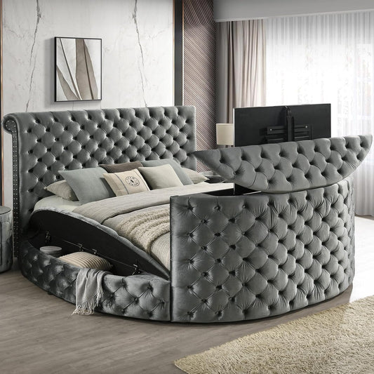 Round Bed Frame with Fireplace and TV Stand - Velvet Circle Bed with Tufted Headboard & Footboard, Upholstered Sleigh Bed King Size, Luxury Bedframe with Side Storage Stools for Bedroom Furniture