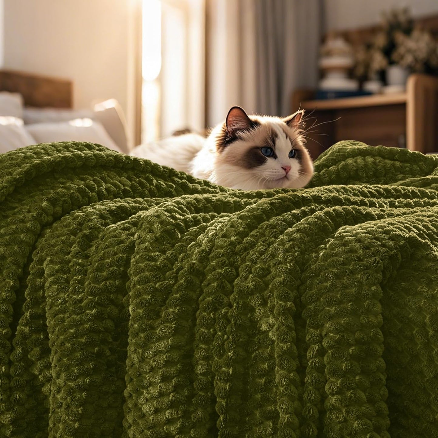 PHF Ultra Soft Flannel Fleece Blanket Queen Size, Lightweight 3D Jacquard Fleece Blanket, No Shedding, No Pilling, Luxury 340GSM Aesthetic Fluffy Cozy for Bed Room Decor, 90"x90", Camel/Light Khaki