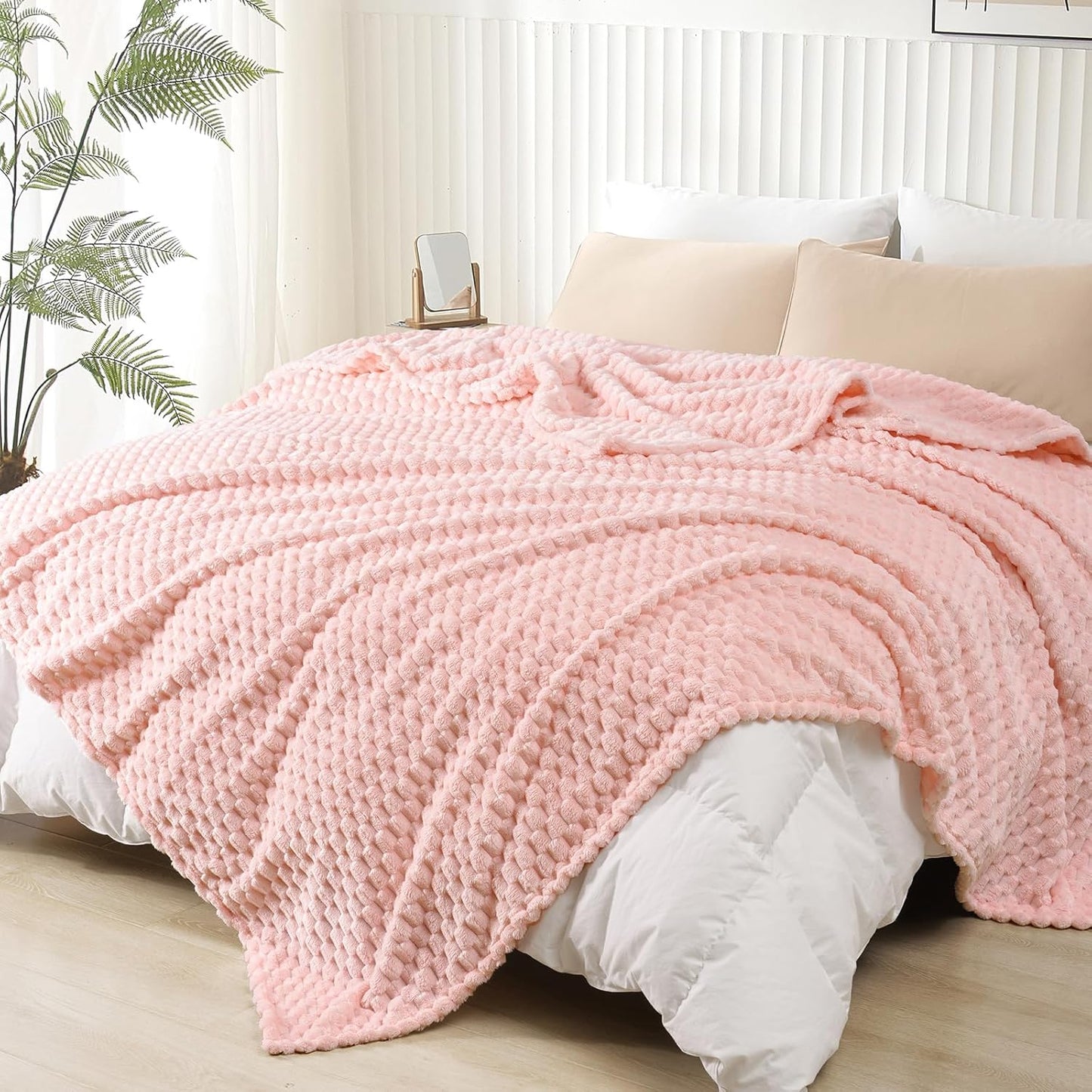 PHF Ultra Soft Flannel Fleece Blanket Queen Size, Lightweight 3D Jacquard Fleece Blanket, No Shedding, No Pilling, Luxury 340GSM Aesthetic Fluffy Cozy for Bed Room Decor, 90"x90", Camel/Light Khaki