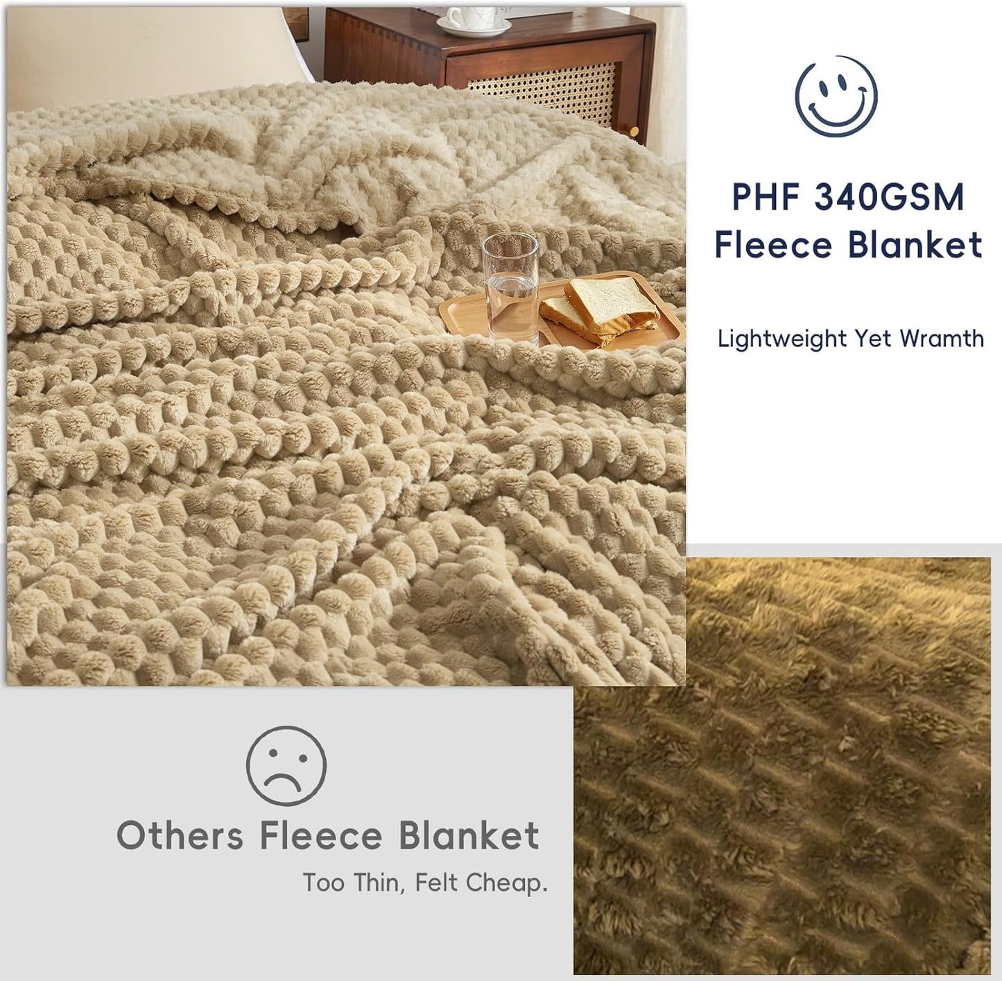 PHF Ultra Soft Flannel Fleece Blanket Queen Size, Lightweight 3D Jacquard Fleece Blanket, No Shedding, No Pilling, Luxury 340GSM Aesthetic Fluffy Cozy for Bed Room Decor, 90"x90", Camel/Light Khaki