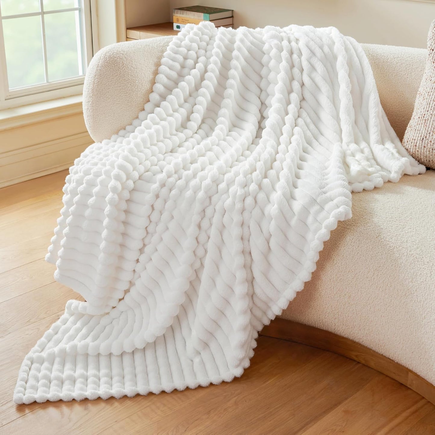 Joiedomi White Throw Blanket for Couch, Soft Fleece Blankets Birthday Gifts for Women Mom Girls, 3D Ribbed Jacquard Cozy Cute Soft Throw Aesthetic Gifts 50x60 Inches