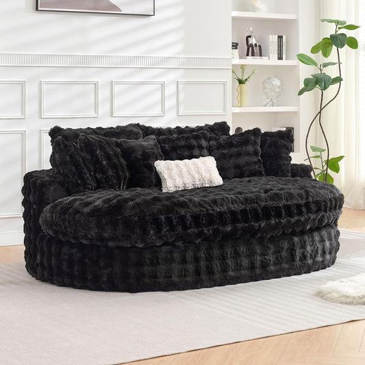TYBOATLE 83’’ Oversized Round Chaise Lounge Chair Indoor w/Deep Seat, Round Memory Foam Couch, Comfy Fluffy Plush Chaise Lounge Indoor w/Double Cushion, Circle Bed for Livingroom, Bedroom (Black)