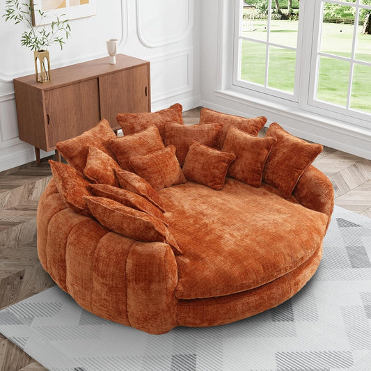81.1" W Oversized Round Chaise Lounge, Fluffy Lazy Bean Bag Sofa with 14 Pillows, Comfy Chenille Upholstered Barrel Sleeper Bed, Modern Deep Seat Cloud Couch for Living Room, Orange