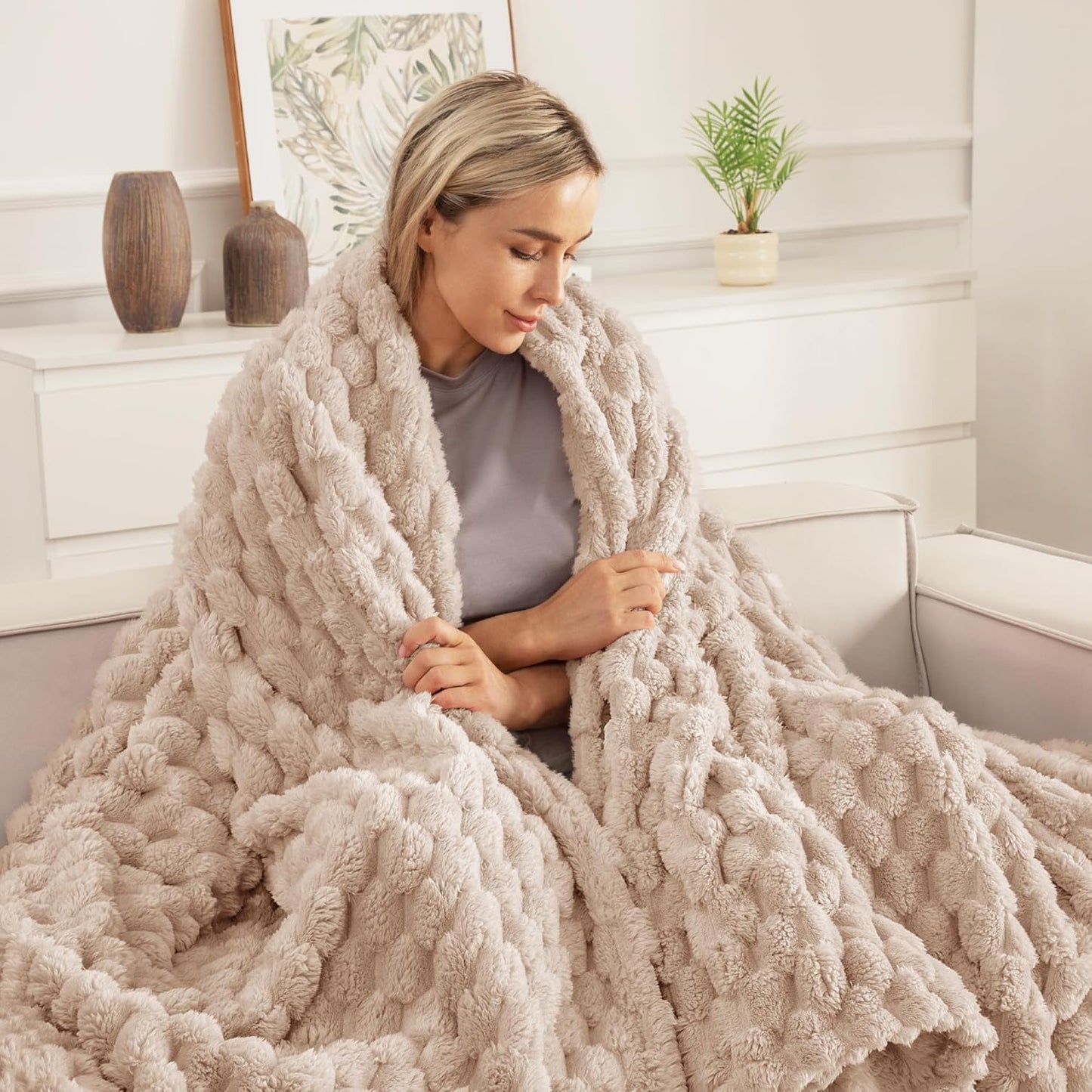 Whale Flotilla Throw Blanket for Couch with Jacquard Pattern, Fuzzy Soft Cozy Exquisite Blankets for All Season, Warm and Fluffy, 50x60 Inch, Camel