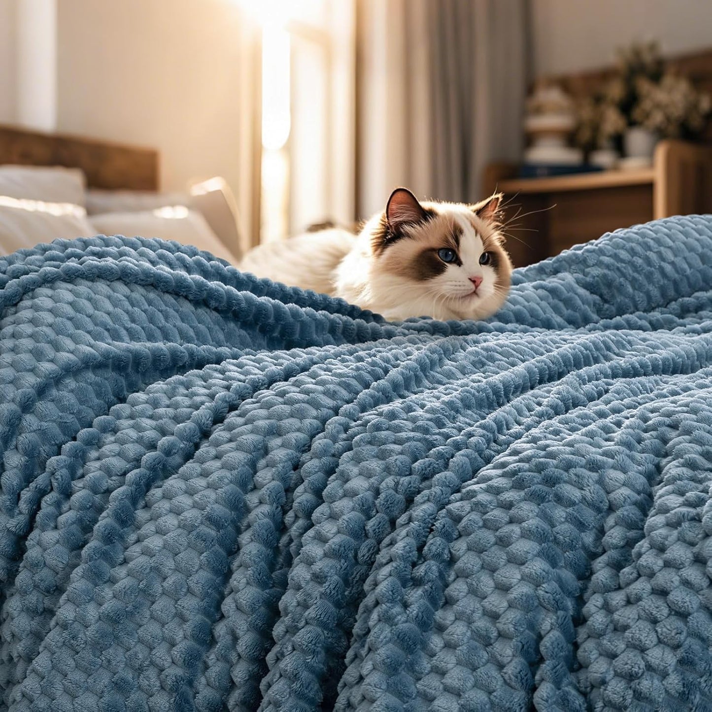 PHF Ultra Soft Flannel Fleece Blanket Queen Size, Lightweight 3D Jacquard Fleece Blanket, No Shedding, No Pilling, Luxury 340GSM Aesthetic Fluffy Cozy for Bed Room Decor, 90"x90", Camel/Light Khaki