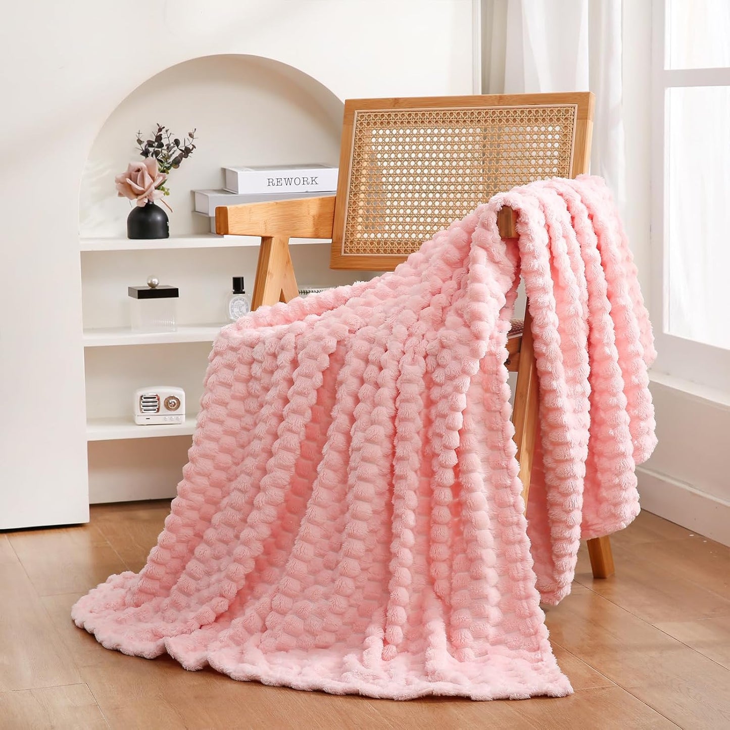 Puncuntex Hot Pink Throw Blanket 50"×60" inches Gifts for Mom Fuzzy 3D Jacquard Decorative Flannel Fleece Super Soft Plush Cozy Blanket for Couch Sofa Chair Lightweight