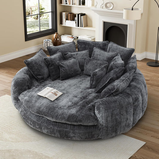 81” Oversized Upholstered Sofa Bed, Round Chaise Lounge Chair Indoor, Fluffy Plush Chaise Lounge, Modern Chenille Cloud Couch with Deep Seat, Comfy Bean Bag Chiar for Living Room Apartment, Dark Grey