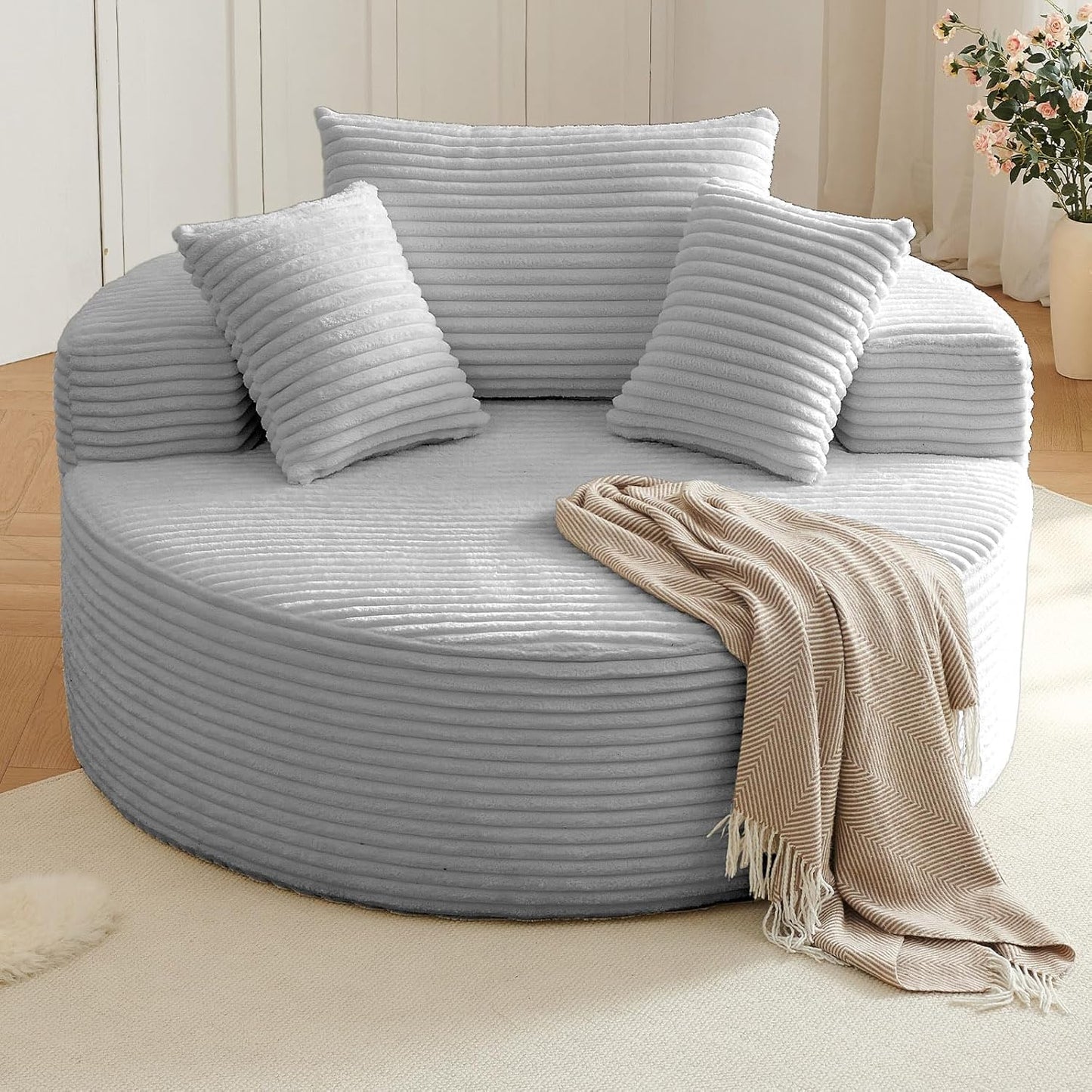 Oversized Round Chair Lounge Chaise Indoor, Upholstered Corduroy Deep Seat Cloud Large Circle Sofa Chair, No Assembly Required, Fluffy Modern Sleeper Sofa Bed for Reading, Living Room, Bedroom, White
