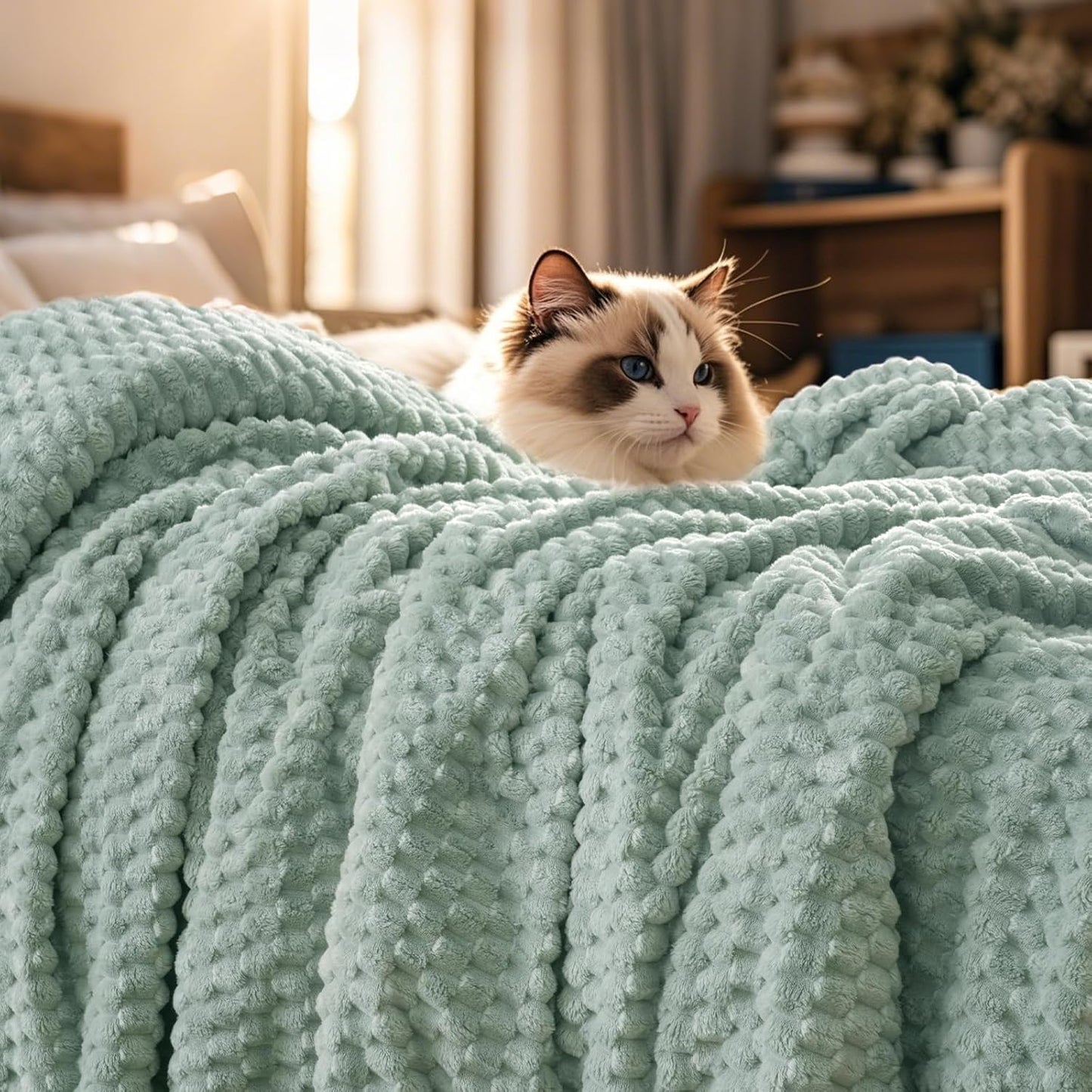 PHF Ultra Soft Flannel Fleece Blanket Queen Size, Lightweight 3D Jacquard Fleece Blanket, No Shedding, No Pilling, Luxury 340GSM Aesthetic Fluffy Cozy for Bed Room Decor, 90"x90", Camel/Light Khaki