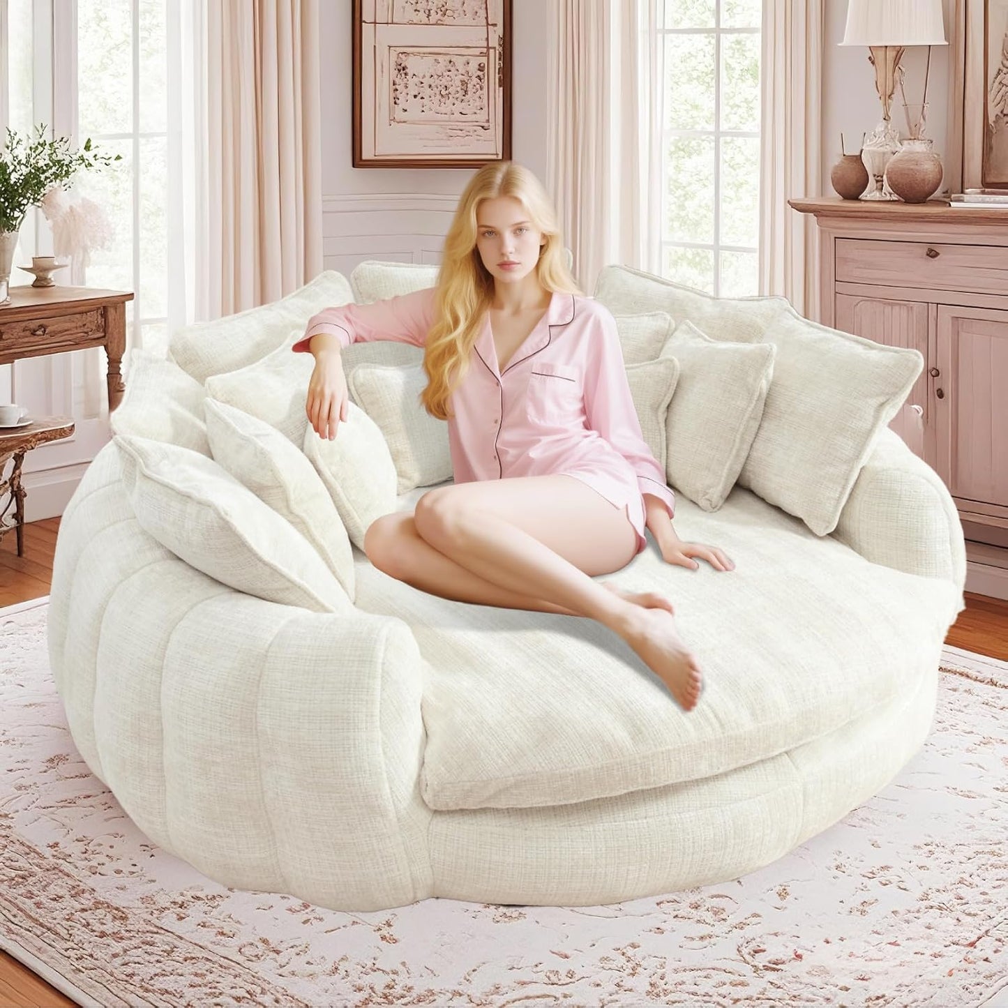 81'' Round Couches for Living Room, Comfy Boneless Couch, Circle Round Couch Bed with 14 Pillow, Oversized Chaise Lounge Chair Indoor, Floor Sleeper Sofa Bed, Full Memory Foam(Beige)