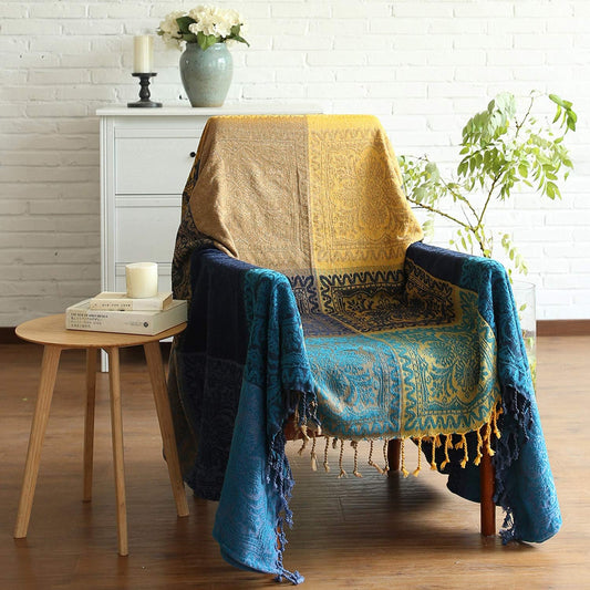 Bohemian Tribal Throws Blankets Reversible Colorful Red Blue Boho Hippie Chenille Jacquard Fabric Throw Covers Large Couch Furniture Sofa Chair Loveseat Recliner Oversized (Blue, S:75x60)
