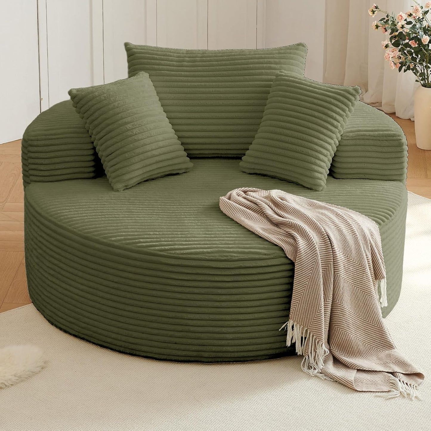 Oversized Round Chair Lounge Chaise Indoor, Upholstered Corduroy Deep Seat Cloud Large Circle Sofa Chair, No Assembly Required, Fluffy Modern Sleeper Sofa Bed for Reading, Living Room, Bedroom, White