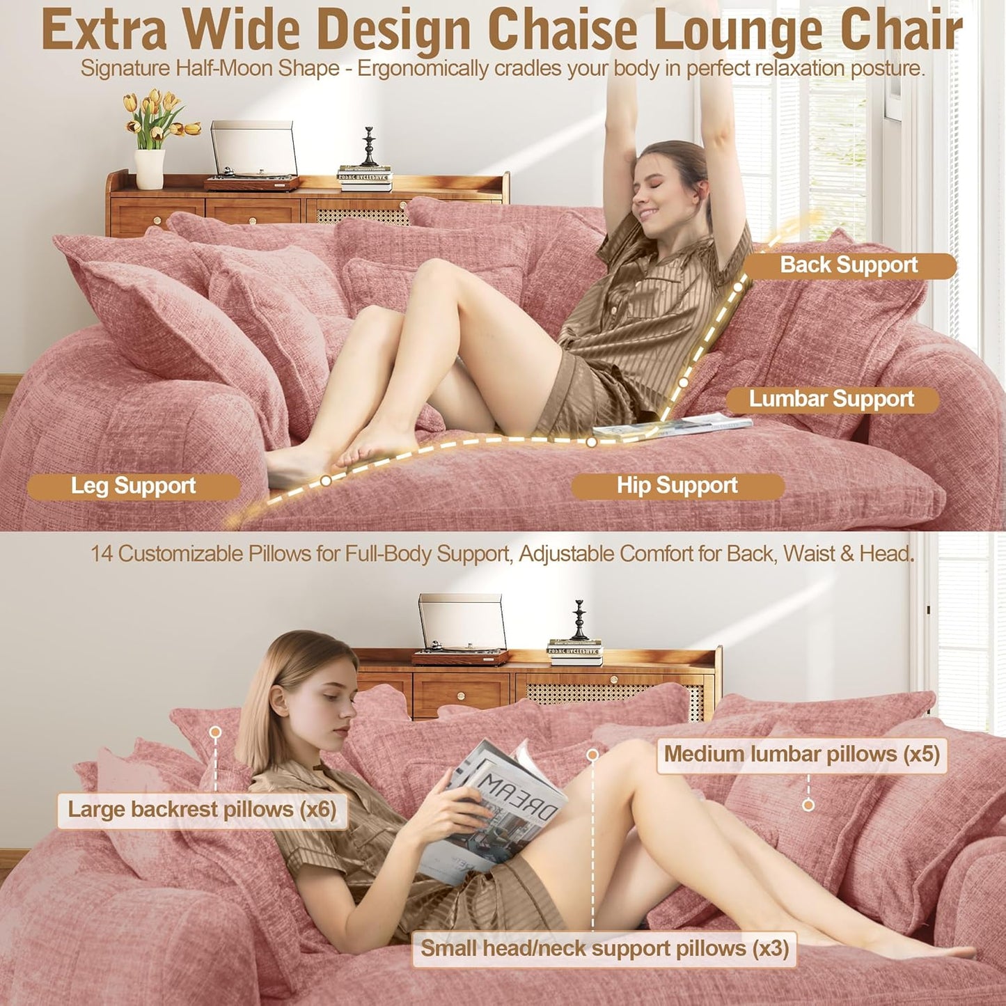 82'' Oversized Upholstered Sofa Bed, Round Chaise Lounge Chair Indoor, Modern Chenille Boneless Couch, No Assembly Required, Plush Sleeper Chair with 14 Pillows for Living Room, Pink