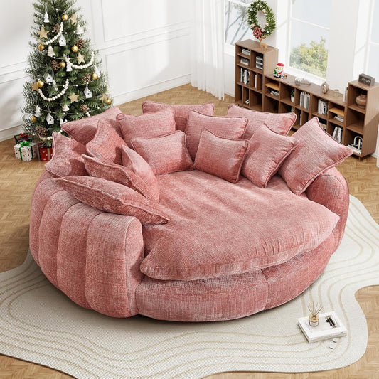 82'' Oversized Upholstered Sofa Bed, Round Chaise Lounge Chair Indoor, Modern Chenille Boneless Couch, No Assembly Required, Plush Sleeper Chair with 14 Pillows for Living Room, Pink