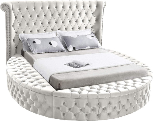 Meridian Furniture Luxus Collection Modern | Contemporary Round Shaped Velvet Upholstered Bed with Deep Button Tufting and Footboard Storage, King, Cream