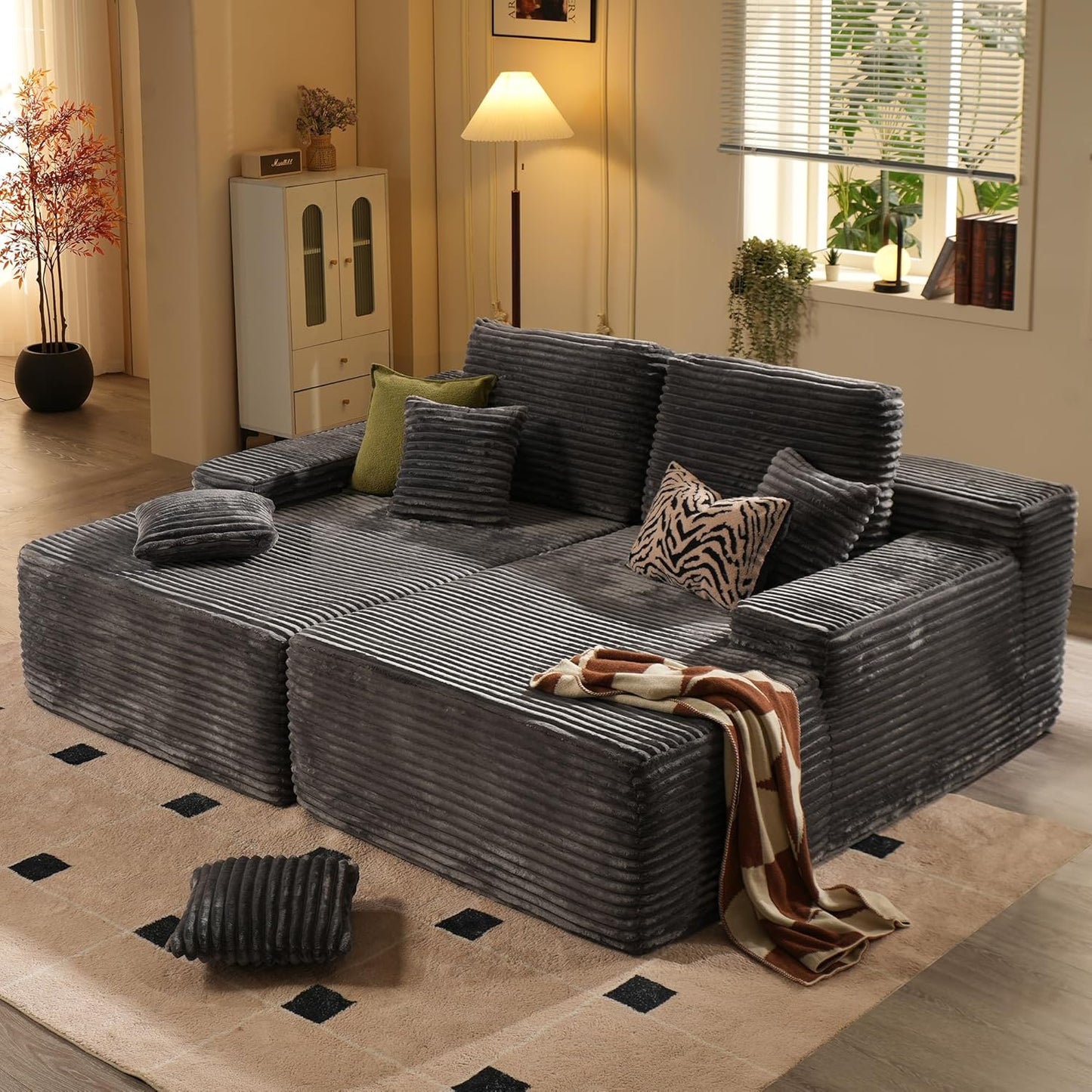 ovios 58" Oversized Round Chair Lounge Chaise Indoor, No Assembly Required, Cloud Large Circle Chair with Plush Fuax Fur, Fluffy Modern Sleeper Sofa Bed for Reading Yoga, Black (Plush Corduroy Fabric)