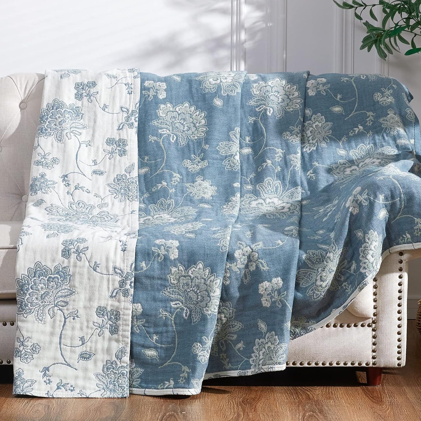 jinchan Boho 100% Cotton Muslin Twin Size 60x80 Inches Blanket Lightweight 4-Layer Quilted Soft Yellow and Blue Floral Throw Blanket Reversible Comfy Flower Breathable All Seasons Couch Bedroom Decor