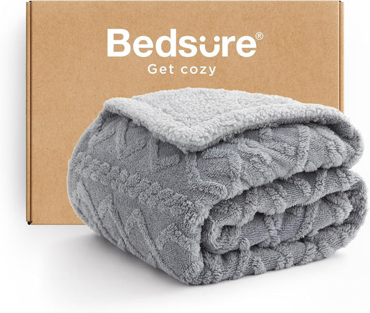 Bedsure Sherpa Fleece Throw Blanket for Couch - Soft Fluffy & Cozy Cable Jacquard Tufted Throw Blankets for Women Gift, Thick Warm Blanket for Winter and All Seasons, Grey, 50x60 Inches