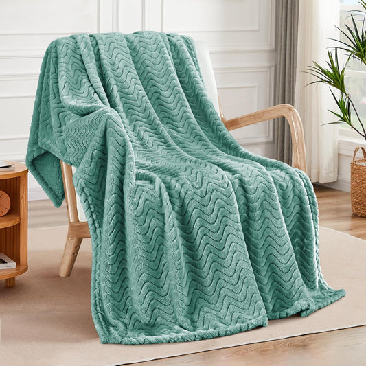 Exclusivo Mezcla Soft Fleece Throw Blanket for Couch, Cozy Lightweight Blankets with Decorative Wave Textured Suitable for All Season Use, Celadon, 50x70 Inches